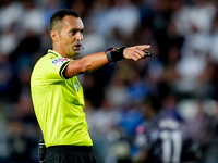 Referee Marco Di Bello gestures during the Serie A Enilive match between Empoli FC and Juventus FC at Stadio Carlo Castellani on September 1...