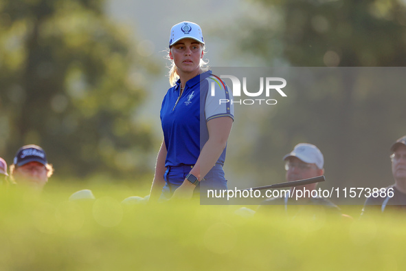 GAINESVILLE, VIRGINIA - SEPTEMBER 14: Maja Stark of Team Europe looks over the third green during Day Two of the Solheim Cup at Robert Trent...