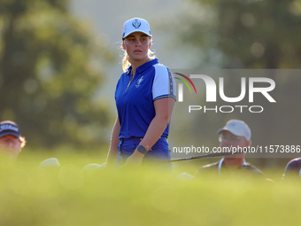 GAINESVILLE, VIRGINIA - SEPTEMBER 14: Maja Stark of Team Europe looks over the third green during Day Two of the Solheim Cup at Robert Trent...