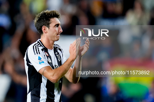 Andrea Cambiaso of Juventus FC gestures during the Serie A Enilive match between Empoli FC and Juventus FC at Stadio Carlo Castellani on Sep...