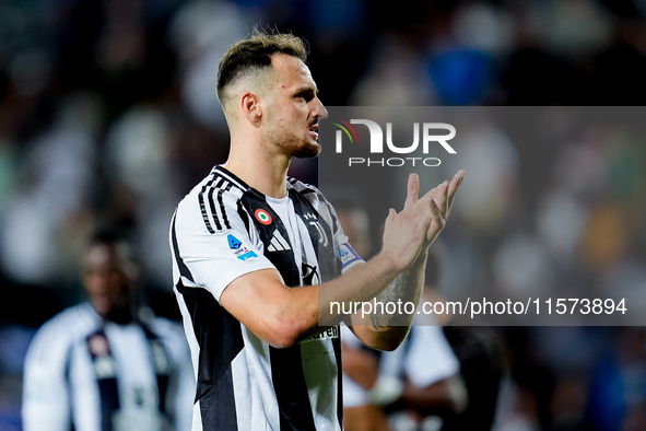 Federico Gatti of Juventus FC gestures during the Serie A Enilive match between Empoli FC and Juventus FC at Stadio Carlo Castellani on Sept...