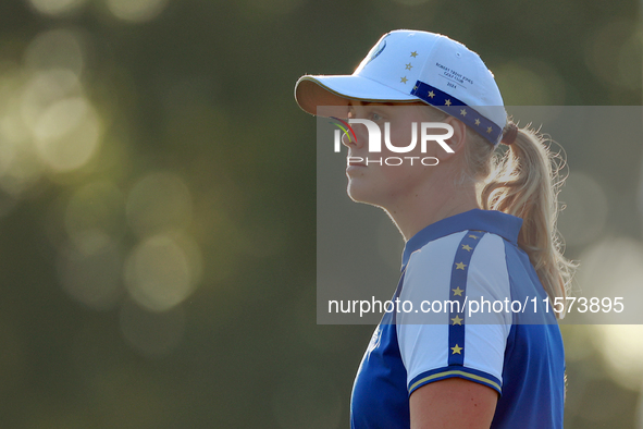 GAINESVILLE, VIRGINIA - SEPTEMBER 14: Maja Stark of Team Europe waits on the third green during Day Two of the Solheim Cup at Robert Trent J...