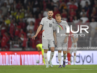 Gylfi Sigurdsson and Jon Dagur Thorsteinsson of Iceland   during the UEFA Nations League 2024/25 League B Group B4 match between Turkiye and...