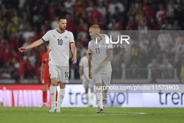 Gylfi Sigurdsson and Jon Dagur Thorsteinsson of Iceland   during the UEFA Nations League 2024/25 League B Group B4 match between Turkiye and...