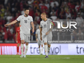 Gylfi Sigurdsson and Jon Dagur Thorsteinsson of Iceland   during the UEFA Nations League 2024/25 League B Group B4 match between Turkiye and...