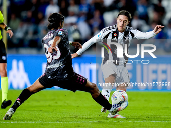 Youssef Maleh of Empoli FC and Nicolo' Fagioli of Juventus FC compete for the ball during the Serie A Enilive match between Empoli FC and Ju...