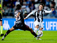 Youssef Maleh of Empoli FC and Nicolo' Fagioli of Juventus FC compete for the ball during the Serie A Enilive match between Empoli FC and Ju...