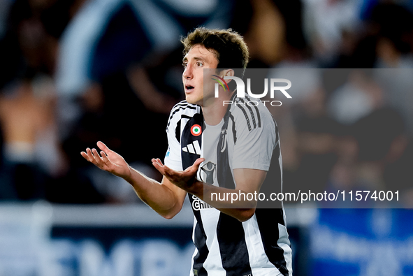 Andrea Cambiaso of Juventus FC reacts during the Serie A Enilive match between Empoli FC and Juventus FC at Stadio Carlo Castellani on Septe...