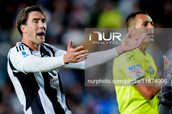 Dusan Vlahovic of Juventus FC reacts during the Serie A Enilive match between Empoli FC and Juventus FC at Stadio Carlo Castellani on Septem...