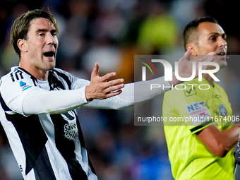 Dusan Vlahovic of Juventus FC reacts during the Serie A Enilive match between Empoli FC and Juventus FC at Stadio Carlo Castellani on Septem...