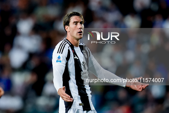 Dusan Vlahovic of Juventus FC reacts during the Serie A Enilive match between Empoli FC and Juventus FC at Stadio Carlo Castellani on Septem...