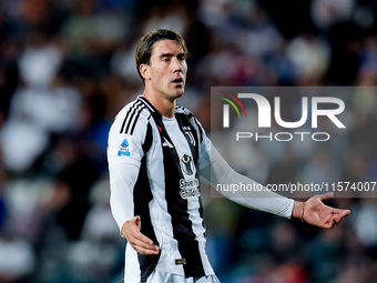 Dusan Vlahovic of Juventus FC reacts during the Serie A Enilive match between Empoli FC and Juventus FC at Stadio Carlo Castellani on Septem...