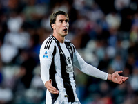 Dusan Vlahovic of Juventus FC reacts during the Serie A Enilive match between Empoli FC and Juventus FC at Stadio Carlo Castellani on Septem...