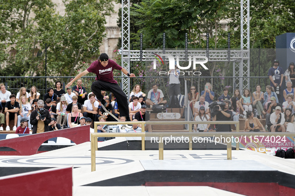 Jhank Gonzalez Ortiz performs during the Street Skateboarding World Championship in Rome, Italy, on September 14, 2024. 