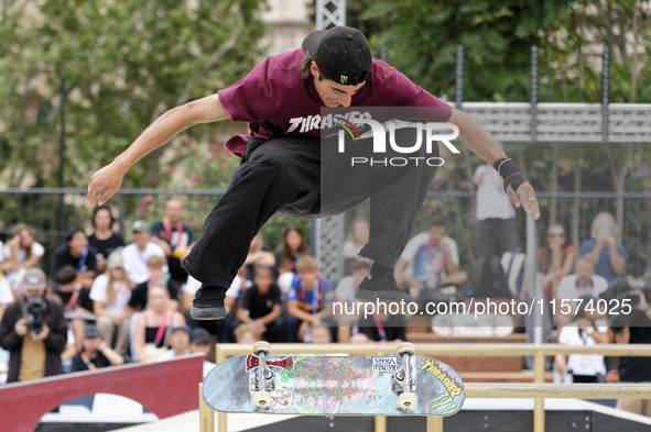 Jhank Gonzalez Ortiz performs during the Street Skateboarding World Championship in Rome, Italy, on September 14, 2024 