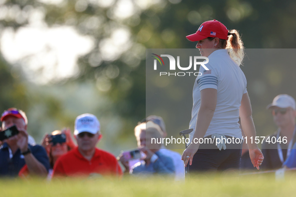 GAINESVILLE, VIRGINIA - SEPTEMBER 14: Lauren Coughlin of the United States reacts to her putt on the 3rd green during Day Two of the Solheim...