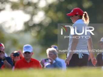 GAINESVILLE, VIRGINIA - SEPTEMBER 14: Lauren Coughlin of the United States reacts to her putt on the 3rd green during Day Two of the Solheim...