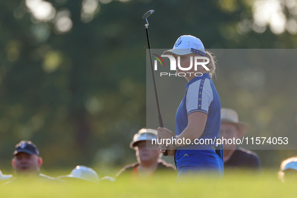 GAINESVILLE, VIRGINIA - SEPTEMBER 14: Maja Stark of Team Europe follows her putt on the third green during Day Two of the Solheim Cup at Rob...