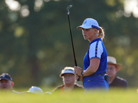 GAINESVILLE, VIRGINIA - SEPTEMBER 14: Maja Stark of Team Europe follows her putt on the third green during Day Two of the Solheim Cup at Rob...