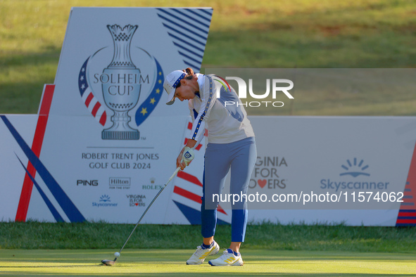 GAINESVILLE, VIRGINIA - SEPTEMBER 14: Carlota Ciganda of Team Europe hits from the 7th tee during Day Two of the Solheim Cup at Robert Trent...