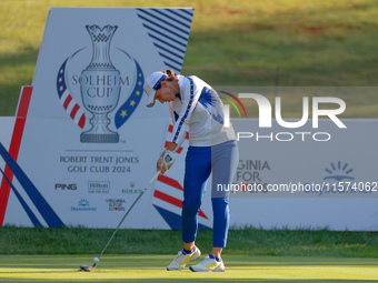 GAINESVILLE, VIRGINIA - SEPTEMBER 14: Carlota Ciganda of Team Europe hits from the 7th tee during Day Two of the Solheim Cup at Robert Trent...