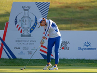 GAINESVILLE, VIRGINIA - SEPTEMBER 14: Carlota Ciganda of Team Europe hits from the 7th tee during Day Two of the Solheim Cup at Robert Trent...