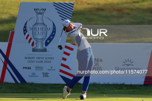 GAINESVILLE, VIRGINIA - SEPTEMBER 14: Carlota Ciganda of Team Europe hits from the 7th tee during Day Two of the Solheim Cup at Robert Trent...