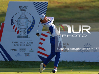 GAINESVILLE, VIRGINIA - SEPTEMBER 14: Carlota Ciganda of Team Europe hits from the 7th tee during Day Two of the Solheim Cup at Robert Trent...