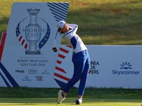 GAINESVILLE, VIRGINIA - SEPTEMBER 14: Carlota Ciganda of Team Europe hits from the 7th tee during Day Two of the Solheim Cup at Robert Trent...