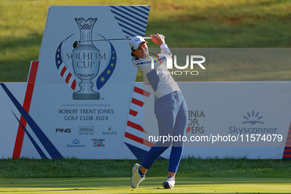 GAINESVILLE, VIRGINIA - SEPTEMBER 14: Carlota Ciganda of Team Europe hits from the 7th tee during Day Two of the Solheim Cup at Robert Trent...