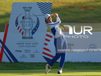 GAINESVILLE, VIRGINIA - SEPTEMBER 14: Carlota Ciganda of Team Europe hits from the 7th tee during Day Two of the Solheim Cup at Robert Trent...