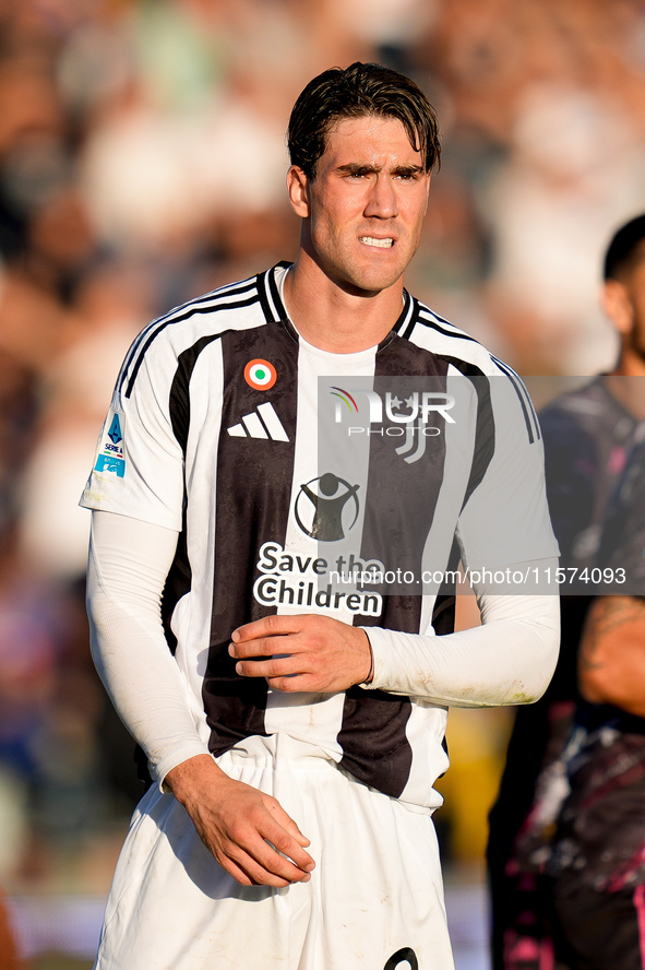 Dusan Vlahovic of Juventus FC looks on during the Serie A Enilive match between Empoli FC and Juventus FC at Stadio Carlo Castellani on Sept...