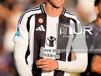 Dusan Vlahovic of Juventus FC looks on during the Serie A Enilive match between Empoli FC and Juventus FC at Stadio Carlo Castellani on Sept...