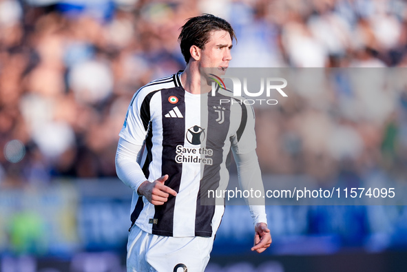 Dusan Vlahovic of Juventus FC looks on during the Serie A Enilive match between Empoli FC and Juventus FC at Stadio Carlo Castellani on Sept...