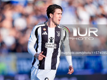 Dusan Vlahovic of Juventus FC looks on during the Serie A Enilive match between Empoli FC and Juventus FC at Stadio Carlo Castellani on Sept...