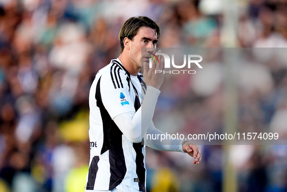 Dusan Vlahovic of Juventus FC gestures during the Serie A Enilive match between Empoli FC and Juventus FC at Stadio Carlo Castellani on Sept...