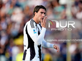 Dusan Vlahovic of Juventus FC gestures during the Serie A Enilive match between Empoli FC and Juventus FC at Stadio Carlo Castellani on Sept...