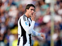 Dusan Vlahovic of Juventus FC gestures during the Serie A Enilive match between Empoli FC and Juventus FC at Stadio Carlo Castellani on Sept...