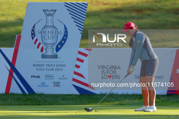 GAINESVILLE, VIRGINIA - SEPTEMBER 14: Allisen Corpuz of the United States prepares to hit from the 7th tee  during Day Two of the Solheim Cu...