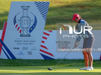 GAINESVILLE, VIRGINIA - SEPTEMBER 14: Allisen Corpuz of the United States prepares to hit from the 7th tee  during Day Two of the Solheim Cu...