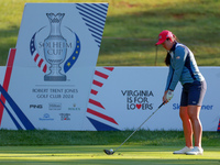 GAINESVILLE, VIRGINIA - SEPTEMBER 14: Allisen Corpuz of the United States prepares to hit from the 7th tee  during Day Two of the Solheim Cu...