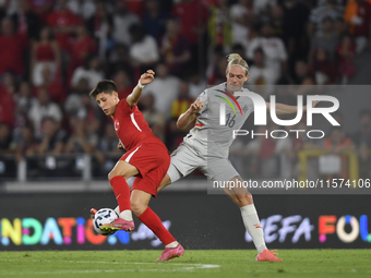 Stefan Teitur Thordarson of Iceland and Arda Guler of Turkey  during the UEFA Nations League 2024/25 League B Group B4 match between Turkiye...