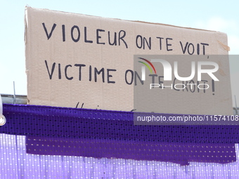 Placards support Gisele Pelicot and all rape victims in Lyon, France, on September 14, 2024, at Place Bellecour. (