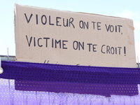 Placards support Gisele Pelicot and all rape victims in Lyon, France, on September 14, 2024, at Place Bellecour. (