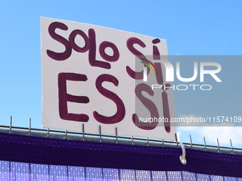 Placards support Gisele Pelicot and all rape victims in Lyon, France, on September 14, 2024, at Place Bellecour. (