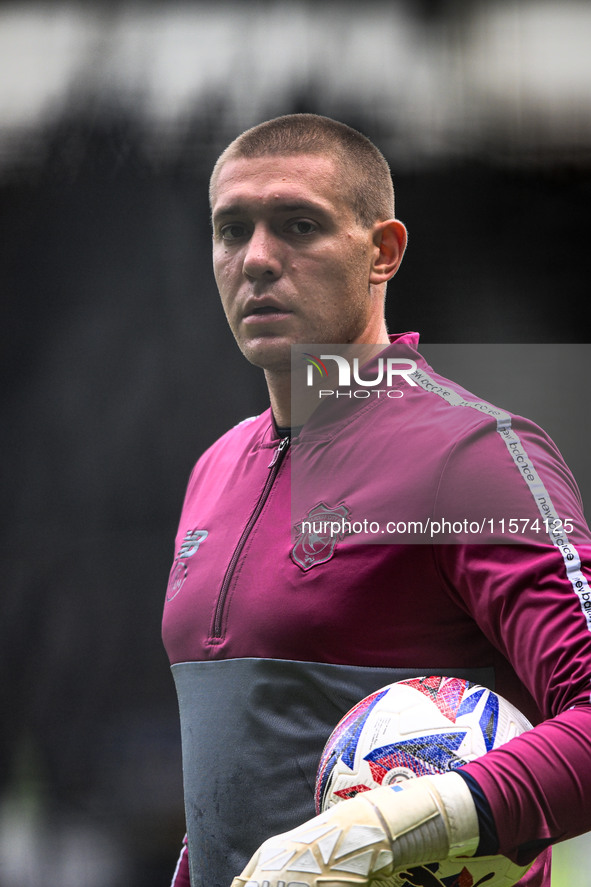 Ethan Horvath, Cardiff City goalkeeper, warms up ahead of kick-off during the Sky Bet Championship match between Derby County and Cardiff Ci...