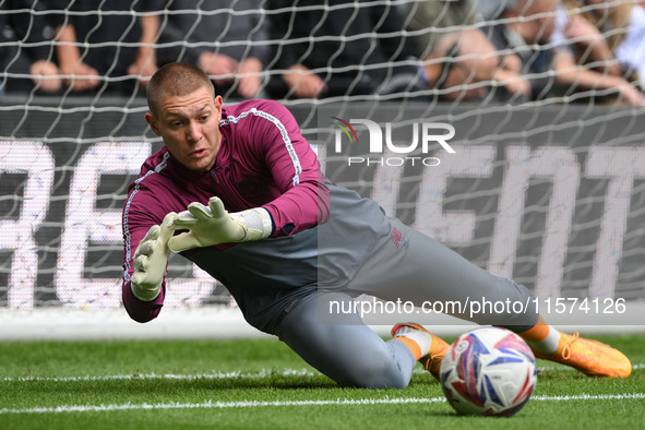 Ethan Horvath, Cardiff City goalkeeper, warms up ahead of kick-off during the Sky Bet Championship match between Derby County and Cardiff Ci...