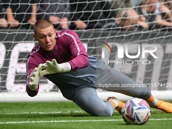 Ethan Horvath, Cardiff City goalkeeper, warms up ahead of kick-off during the Sky Bet Championship match between Derby County and Cardiff Ci...