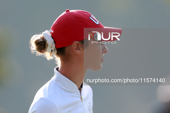 GAINESVILLE, VIRGINIA - SEPTEMBER 14: Nelly Korda of the United States looks down the 7th fairway during Day Two of the Solheim Cup at Rober...