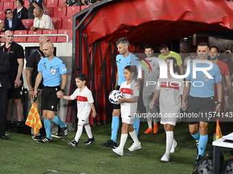 Referee Enea Jorgji and assistant referees Denis Rexha and Ridiger Cokaj   during the UEFA Nations League 2024/25 League B Group B4 match be...